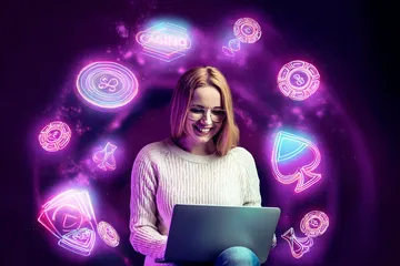 A woman smiling by bright slot machines showing lucky symbols, showcasing the exciting slot offerings at CHAMBAWINPH.
